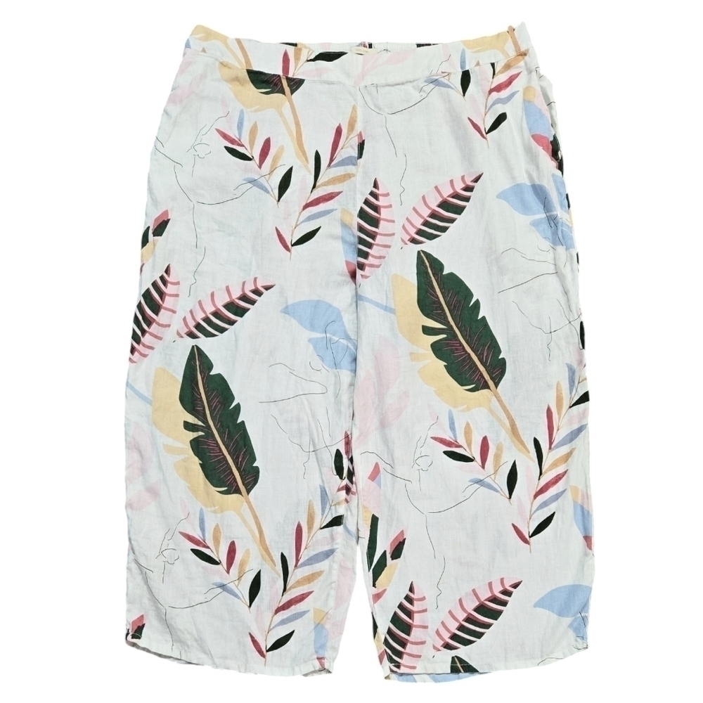 Cynthia Rowley 100% Linen White Tropical Leaf Pull On Wide Leg Pants Beachy